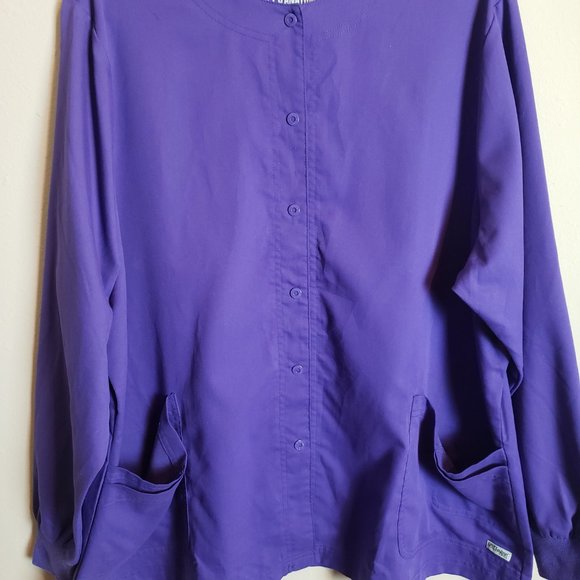 Grey's Anatomy Jamie 4-Pocket Round Neck Snap Front Warm Up Purple Scrub Jacket - Picture 2 of 8